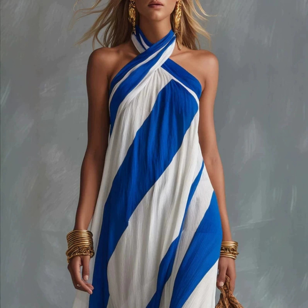 Flowy Cobalt Blue White Striped Chiffon Halter Neck Dress